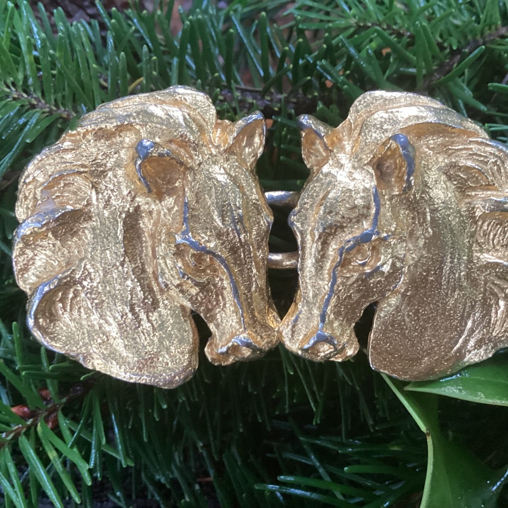 Vintage 1972 Mimi Di N Gold Tone Horse Head Interlocking Belt Buckle/Scarf Slide - Picture 9 of 12